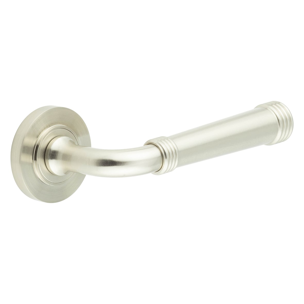 Satin Nickel Fire Rated Door Handles on Round Rose - Highgate Range