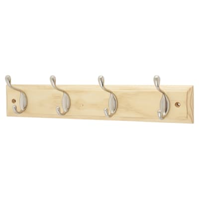 Hat & Coat Hook Rail - 400 x 20 x 71mm - 4 Hooks - Pine Board with Satin Chrome Hooks