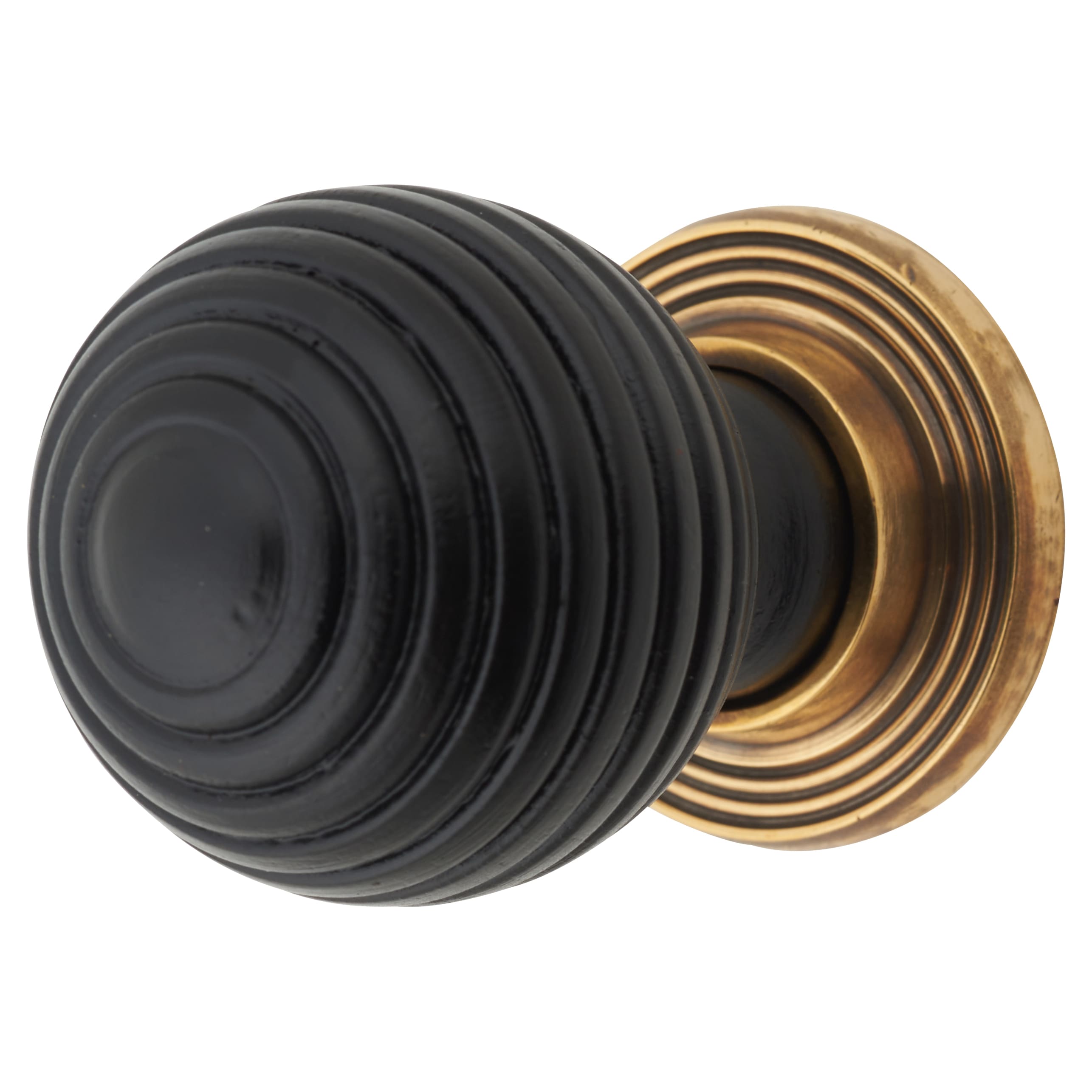 Beehive Ball Cabinet Knob - 38mm Diameter - Ebony - Antique Brass Rose