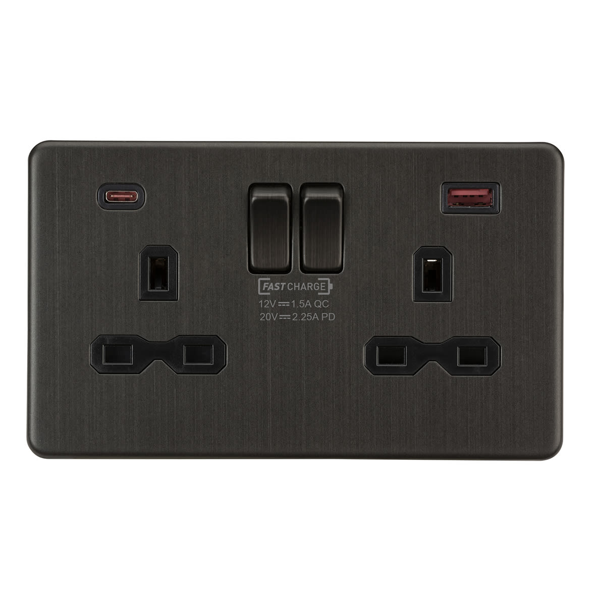 13A 2 Gang Type A/C 45W Fastcharge USB Socket with 2 x USB - Smoked Bronze/Black