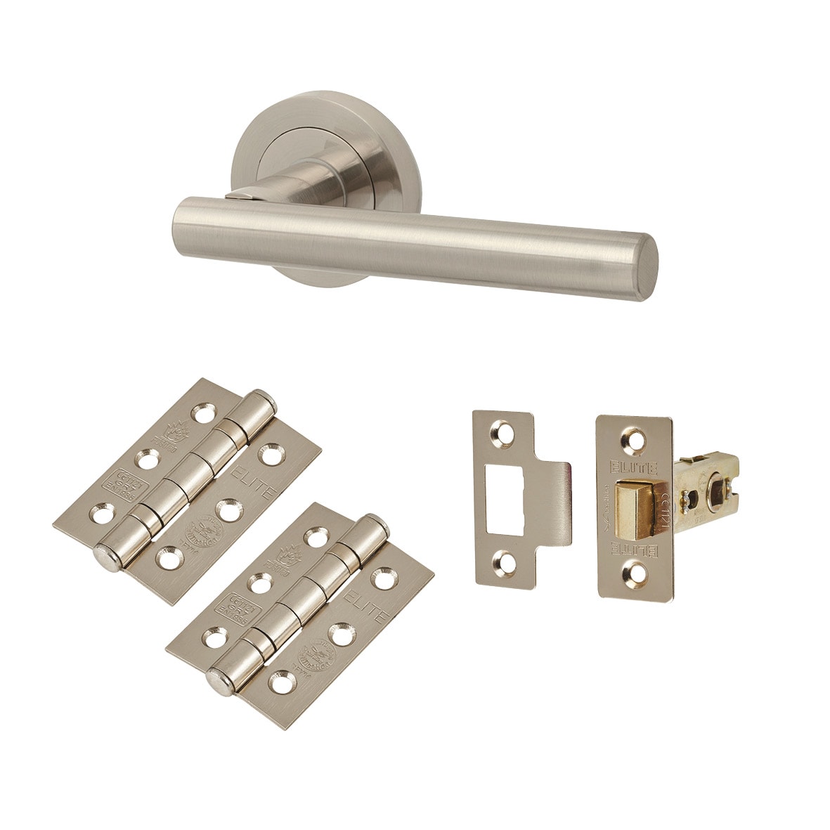 Satin Nickel Latch Door Handles on Rose Pack - Ella Range