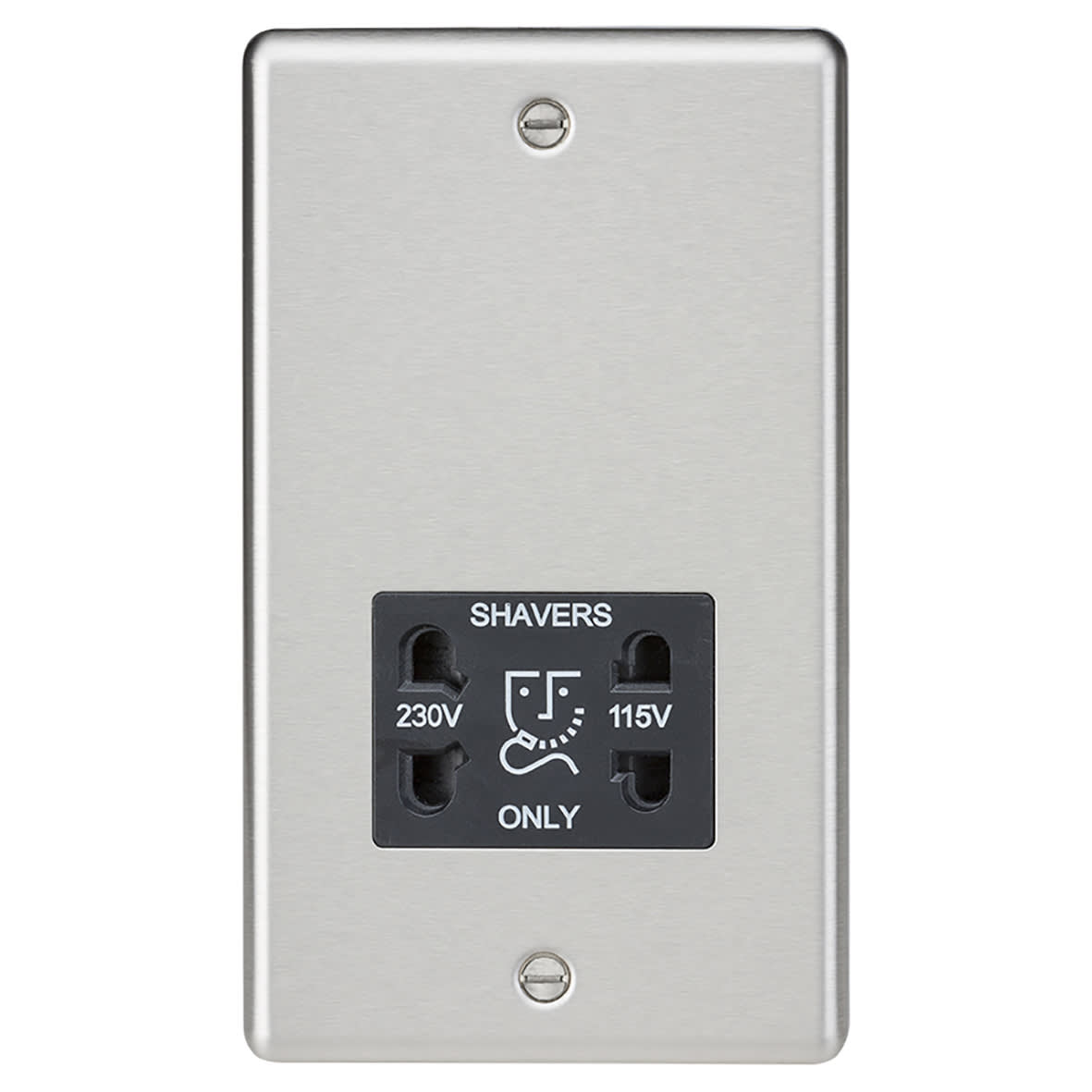 115/230V Round Edge Dual Voltage Shaver Socket - Brushed Chrome with Black Insert