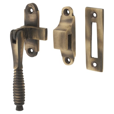 Cast Reeded Mortice & Hook Plate Casement Window Fastener - Reversible - Antique Brass