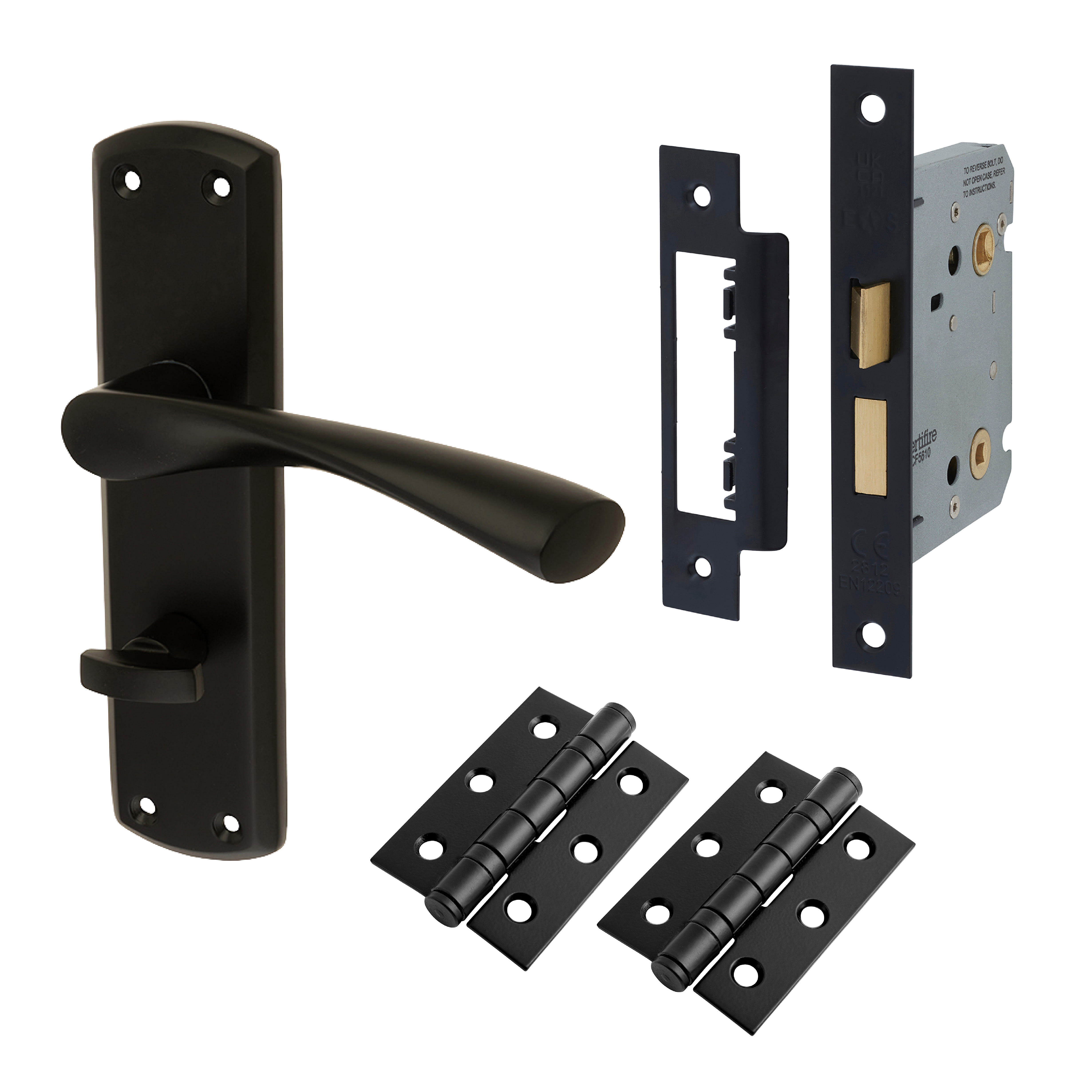 Matt Black Bathroom Lock Door Handles Pack - Monza Range