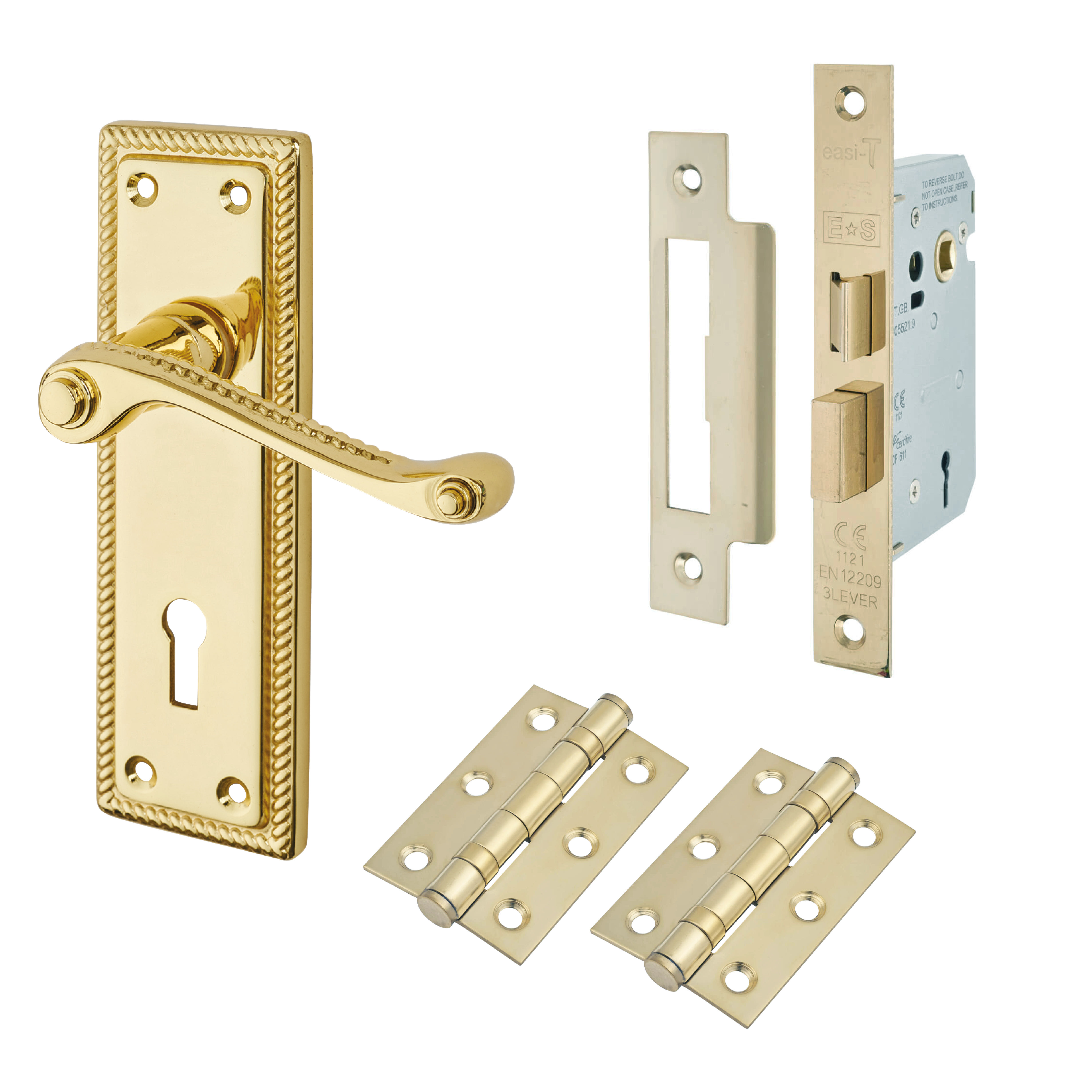 Polished Brass Budget Rope Edge Scroll 3 Lever Sashlock Door Handles Pack - Mia Range