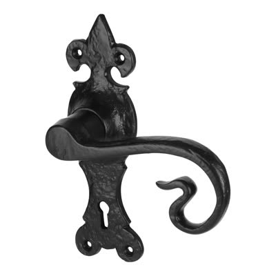 Antique Black Iron Curly Tail Keyhole Lock Door Handles - Devon Range - 170 x 52mm