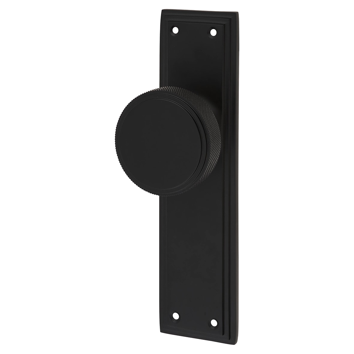 Matt Black Knurled Mortice Latch Door Knob on Backplate - 205 x 52mm - Miller Range