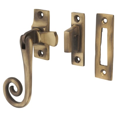 Cast Open Curl Mortice & Hook Plate Casement Window Fastener - Reversible - Antique Brass