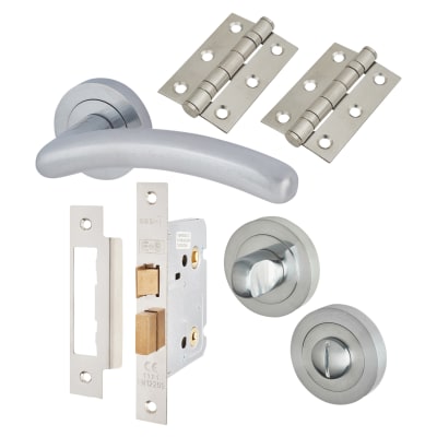 Satin Chrome Bathroom Lock Door Handles on Rose Pack - Carina Range