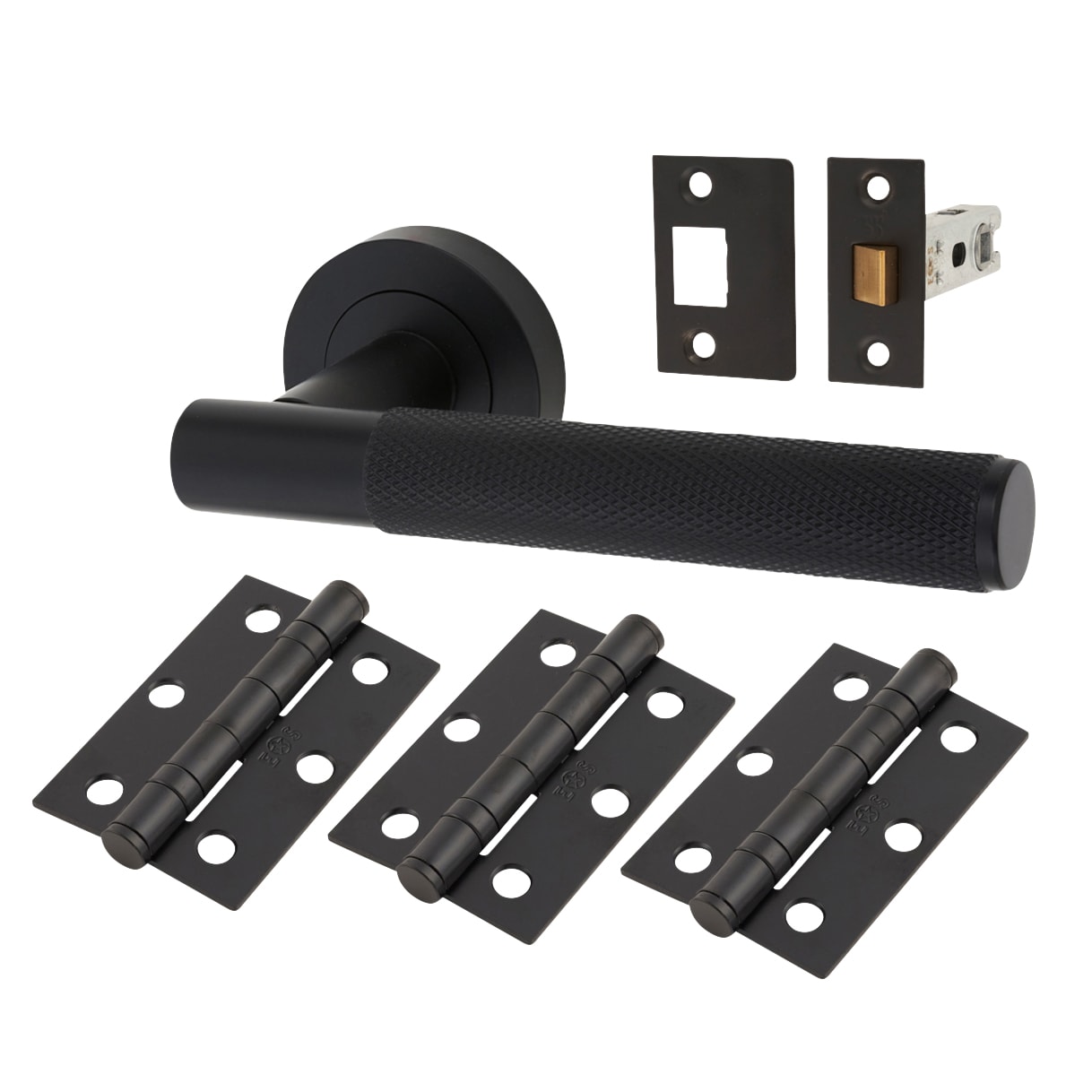 Brass Matt Black Knurled Latch Door Handles on Rose Ultimate Pack - Lagos Range