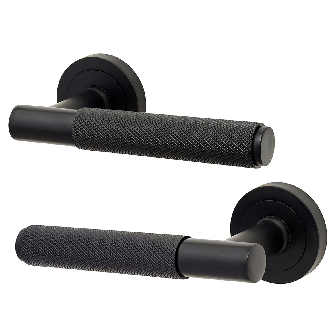 Matt Black Knurled Door Handles on Round Rose - Remi Range