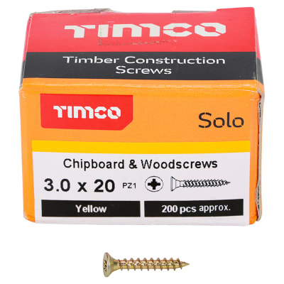 Solo Chippy Pozi Countersunk Wood Screws - 3.0 x 20mm - Yellow Zinc - Pack of 200