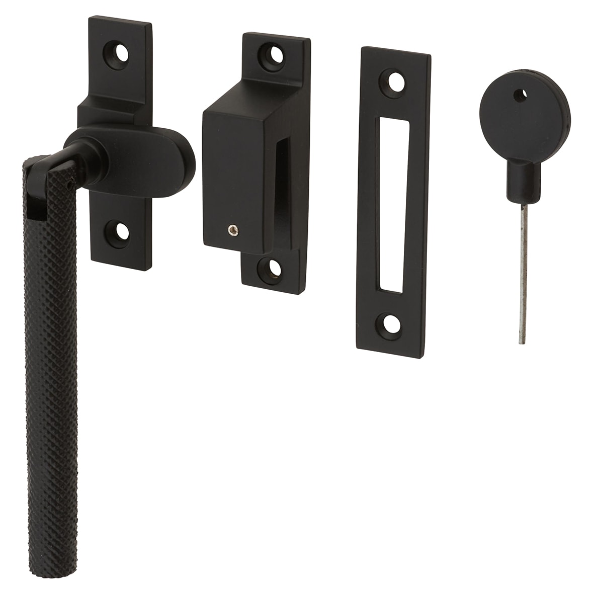 Willow Knurled Locking Mortice & Hook Plate Window Fastener - Reversible - Matt Black