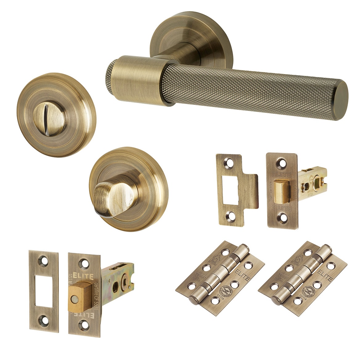 Antique Brass Knurled Bathroom Deadbolt Lock Door Handles on Rose Pack - Esme Range
