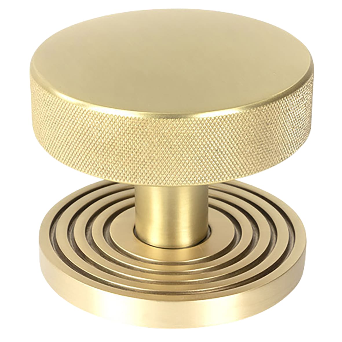 Brompton Satin Brass Round Knurled Centre Door Knob on Beehive Rose - 90mm Rose Diameter