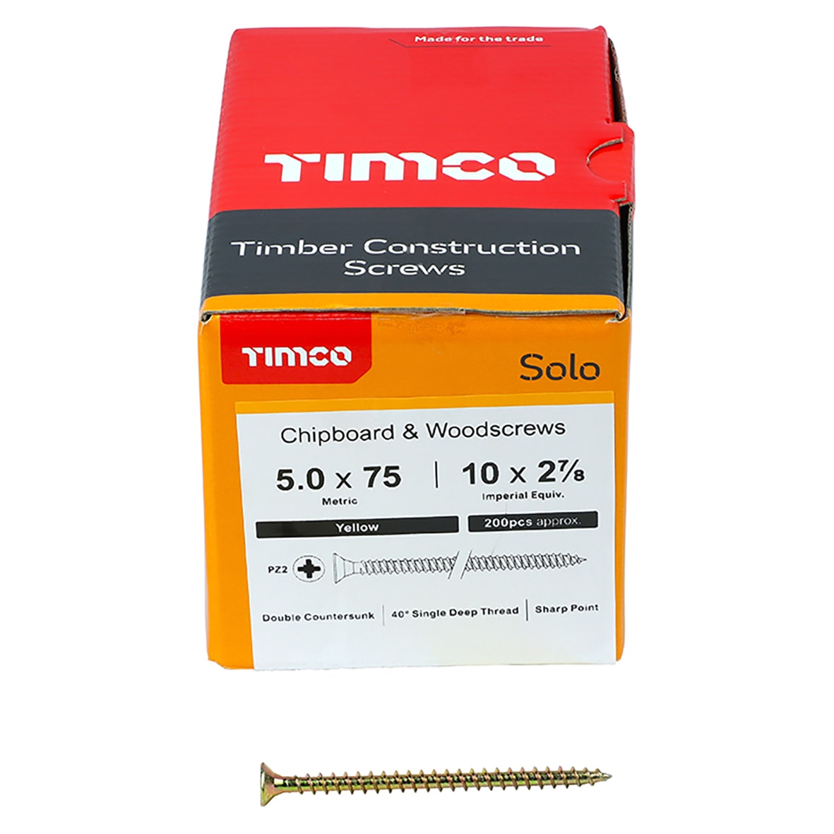 Solo Chippy Pozi Countersunk Wood Screws - 5.0 x 75mm - Yellow Zinc - Pack of 200