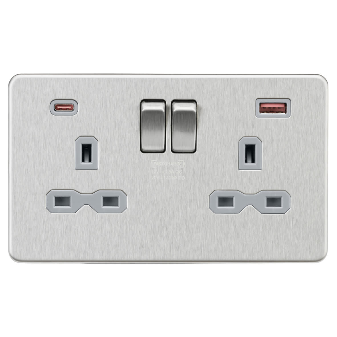 13A 2 Gang Type A/C 45W Fastcharge USB Socket with 2 x USB - Brushed Chrome/Grey