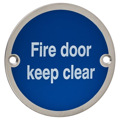 Fire Door Keep Clear Door Sign - 75mm Diameter - Satin Stainless Steel