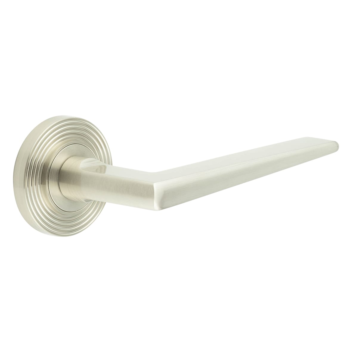 Satin Nickel Fire Rated Door Handles on Round Reeded Rose - Mayfair Range