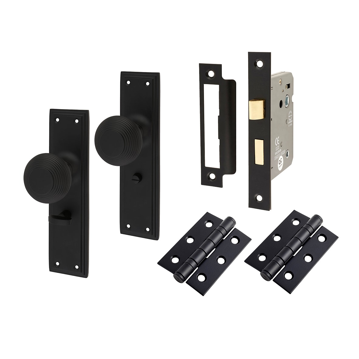 Matt Black Reeded Bathroom Lock Mortice Door Knobs on Backplate Pack - Miller Range - 205 x 52mm