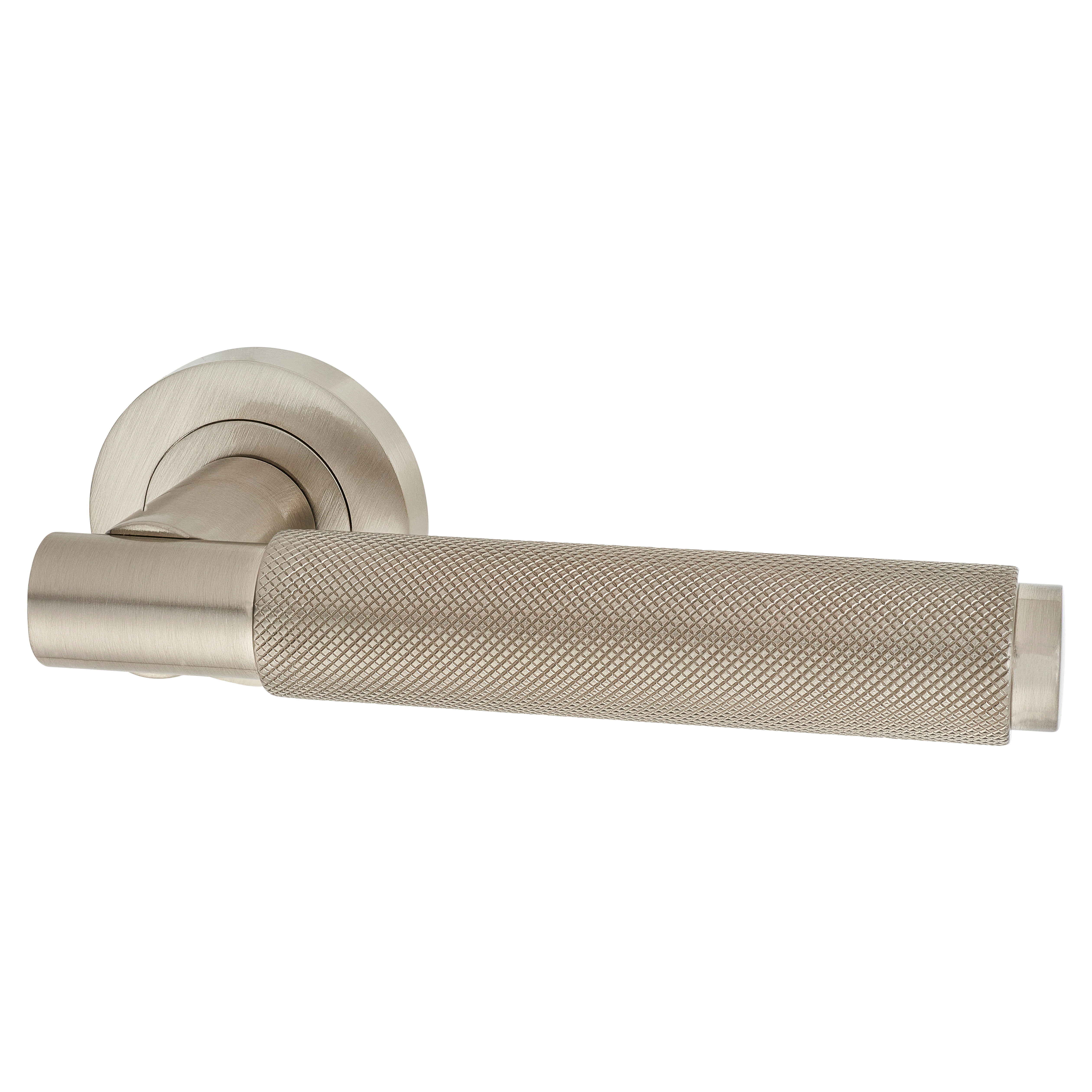 Brass Satin Nickel Knurled Door Handles on Round Rose - Varese Range