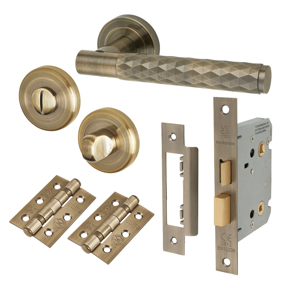 Antique Brass Diamond Bathroom Lock Door Handles on Rose Pack - Luna Range