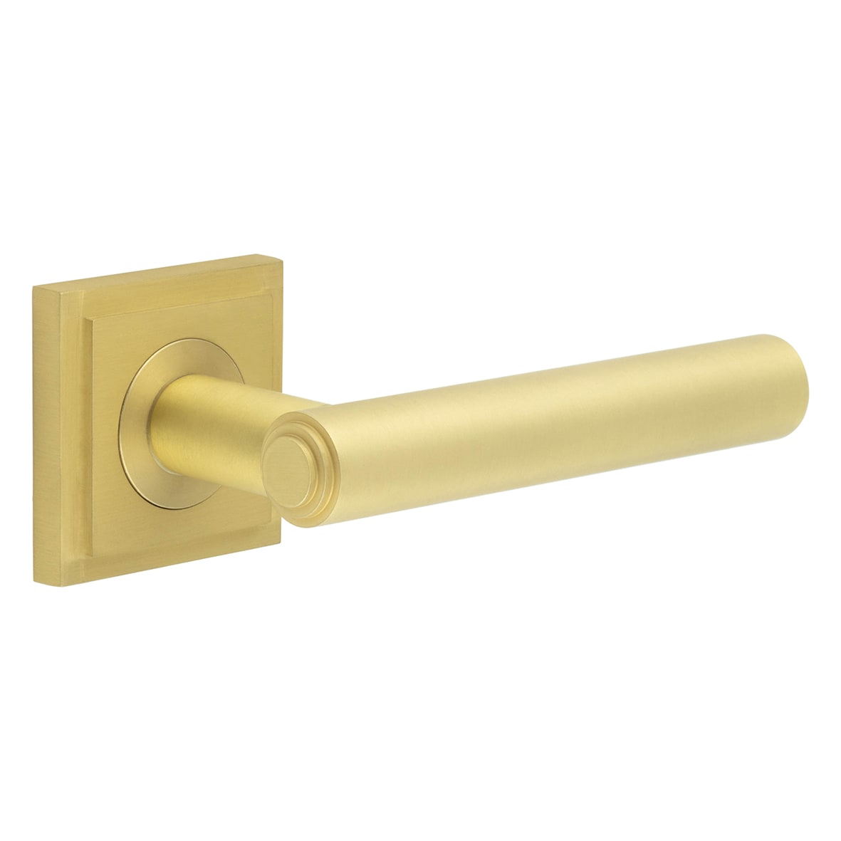 Satin Brass Fire Rated Door Handles on Round Stepped Rose - Richmond Range