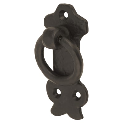 Ring Cabinet Drop Handle - 42mm Diameter on 80 x 36mm Plate - Antique Black Iron