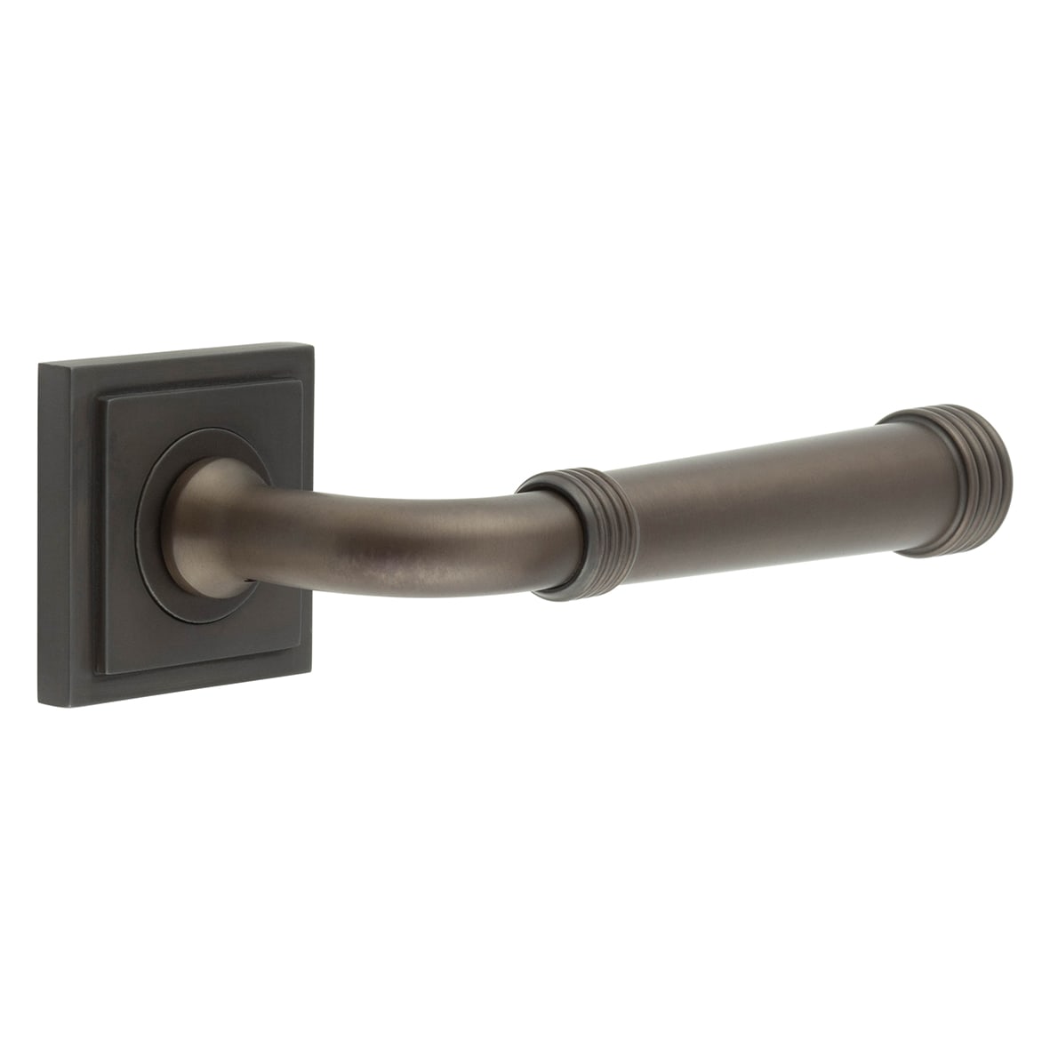Dark Bronze Fire Rated Door Handles on Square Stepped Rose - Highgate Range