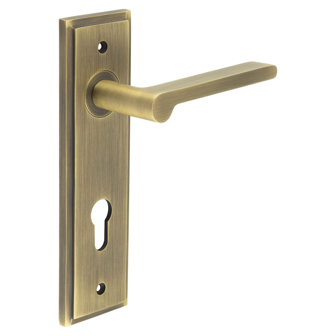 Antique Brass Fire Rated DIN Euro Lock Door Handles - Fitzrovia - 200 x 55mm