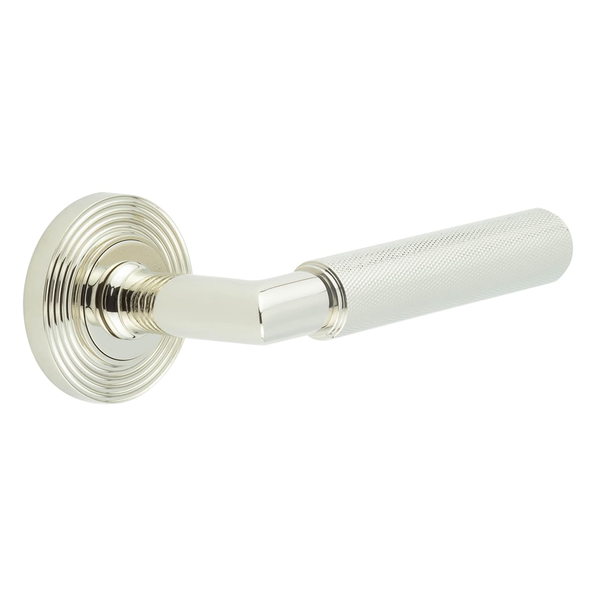 Polished Nickel Knurled Fire Rated Door Handles on Round Reeded Rose - Piccadilly Range