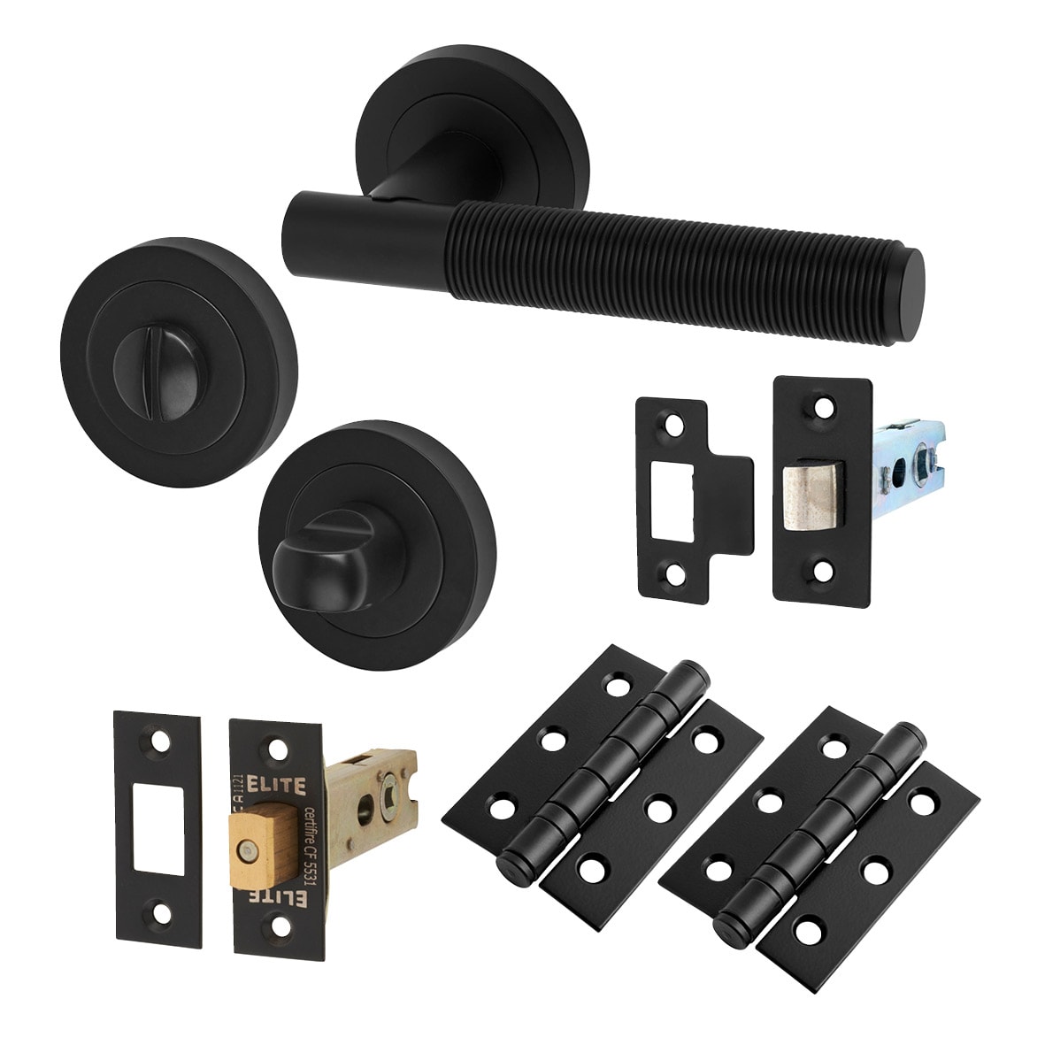 Matt Black Reeded Bathroom Deadbolt Lock Door Handles on Rose Pack - Lily Range