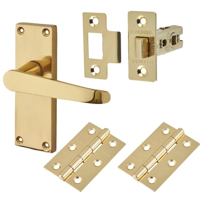 Polished Brass Budget Straight Latch Door Handles Pack - Short Plate