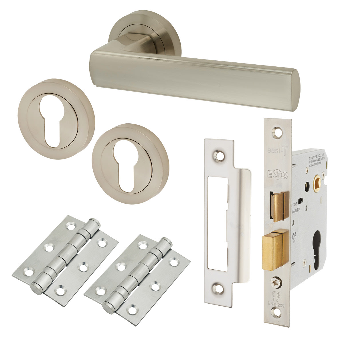 Satin Nickel Euro Lock Door Handles on Rose Pack - Zara Range