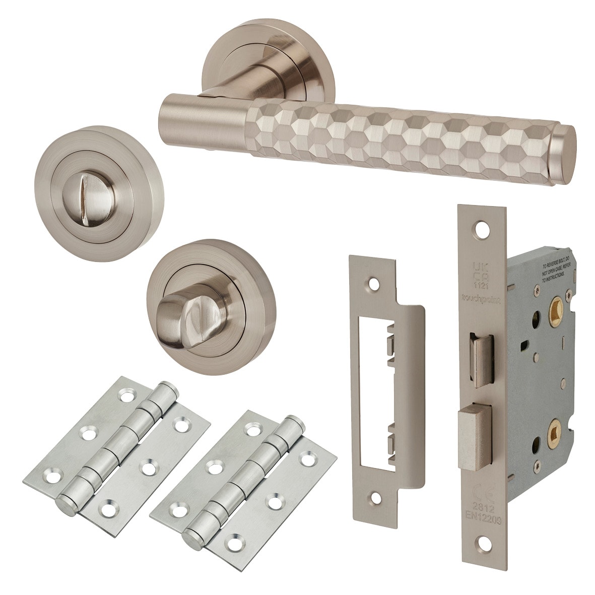 Satin Nickel Honeycomb Bathroom Lock Door Handles on Rose Pack - Cara Range