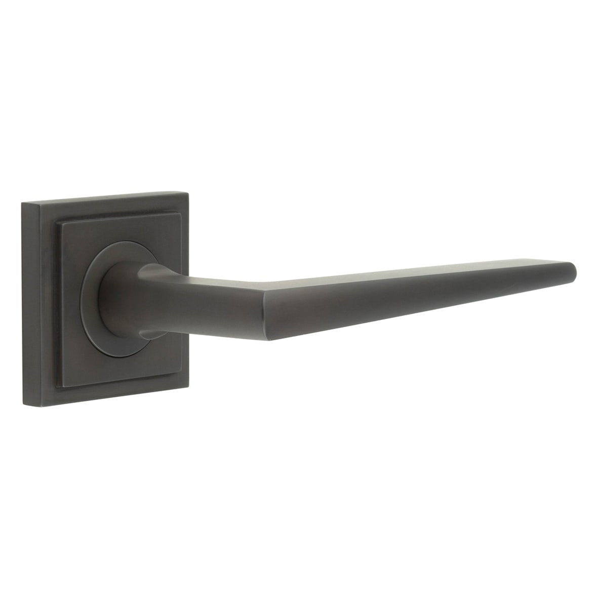 Dark Bronze Fire Rated Door Handles on Square Stepped Rose - Mayfair Range
