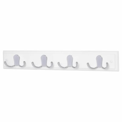 Double Coat Hook Rail - 450 x 70 x 15mm - 4 Hooks - White Board with Polished Chrome Hooks
