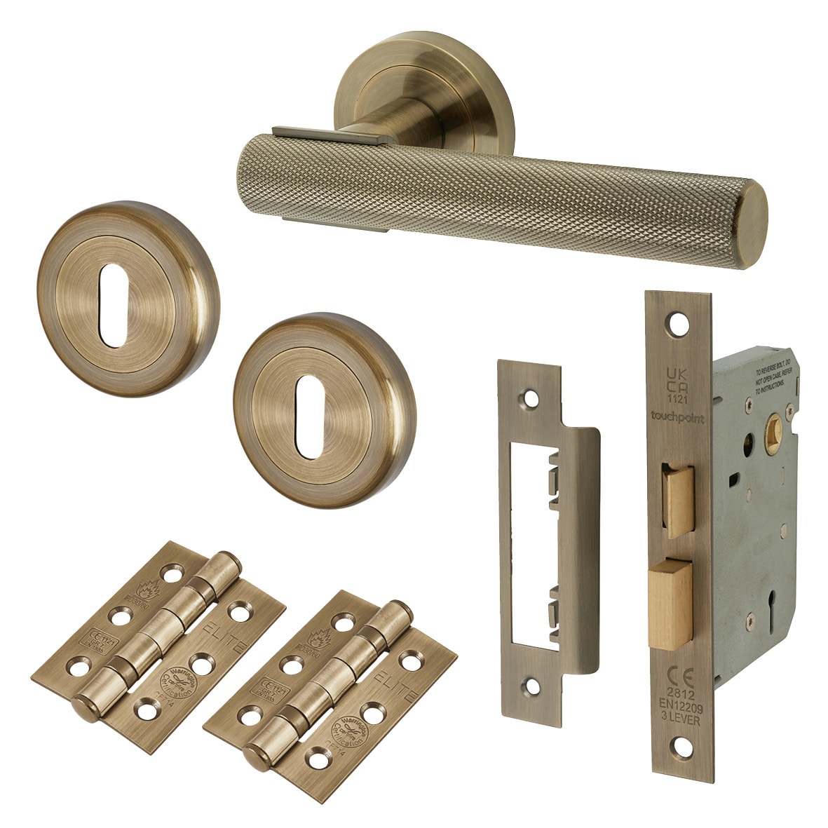 Antique Brass Knurled 3 Lever Sashlock Door Handles on Rose Pack - Orla Range