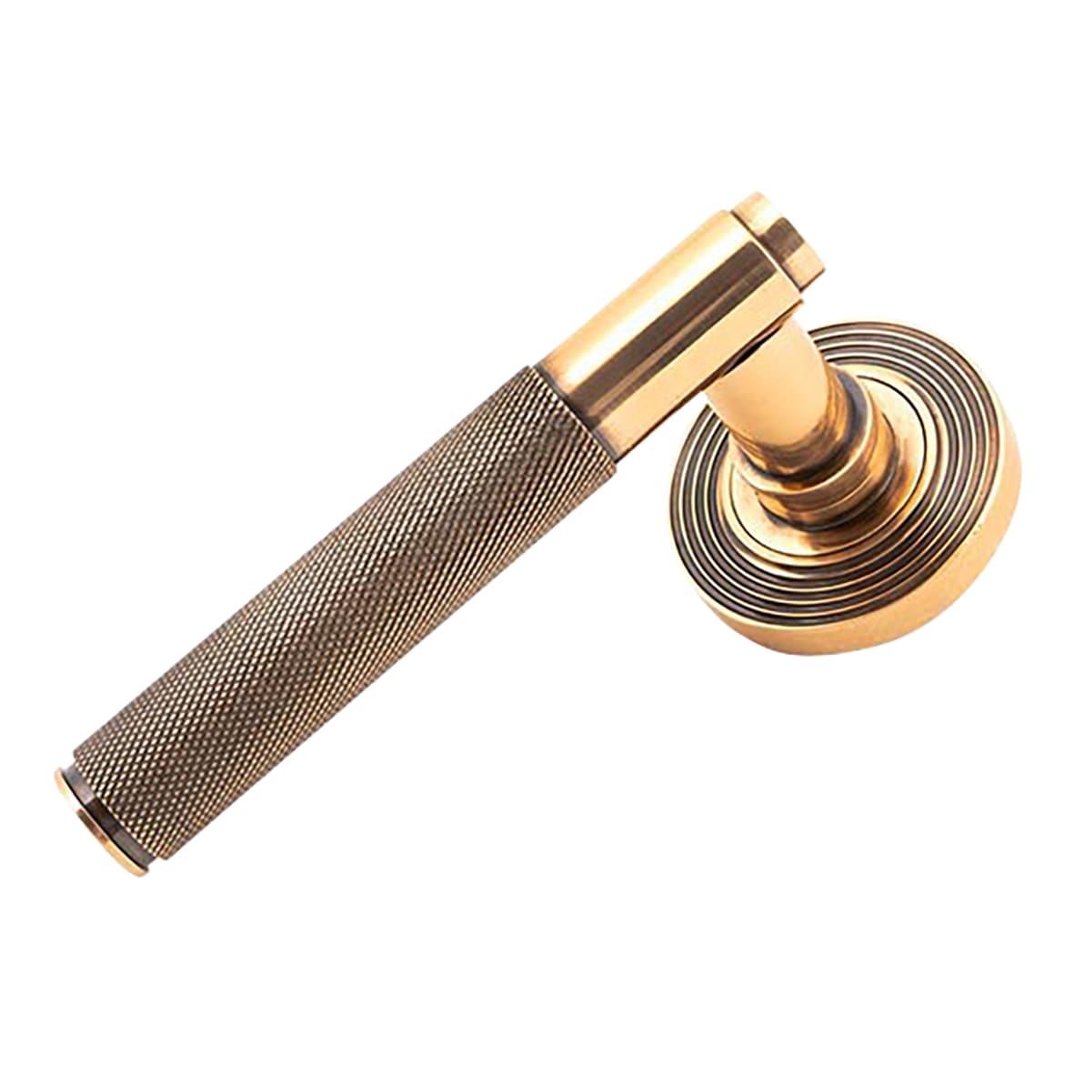 Polished Bronze Knurled Door Handles on Round Beehive Rose - Brompton Range
