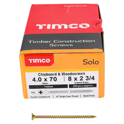 Solo Chippy Pozi Countersunk Wood Screws - 4.0 x 70mm - Yellow Zinc - Pack of 200