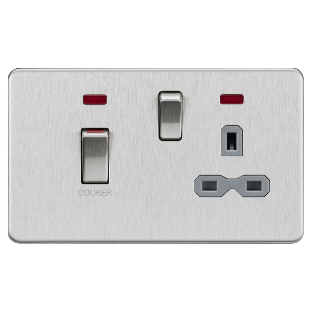 45A 2 Gang DP Cooker Switch & 13A Switched Socket with Neon - Brushed Chrome/Grey