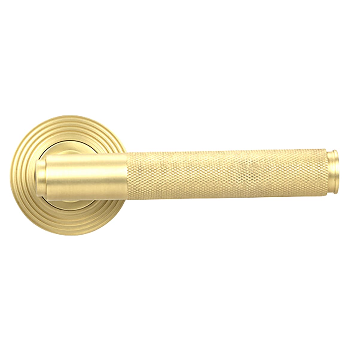 Satin Brass Knurled Door Handles on Round Beehive Rose - Brompton Range