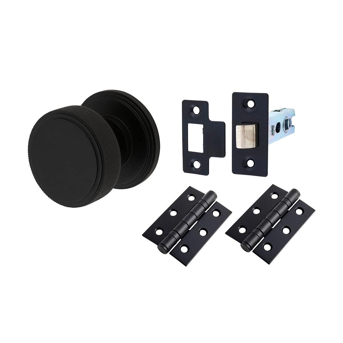 Matt Black Knurled Mortice Door Knobs Pack - 62mm Rose Diameter - Riley Range