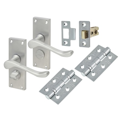 Satin Chrome Victorian Scroll Privacy Latch Door Handles Pack - Short Plate