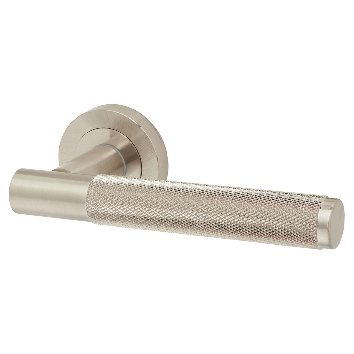 Satin Nickel Fire Rated Knurled Door Handles on Round Rose - Bari Range