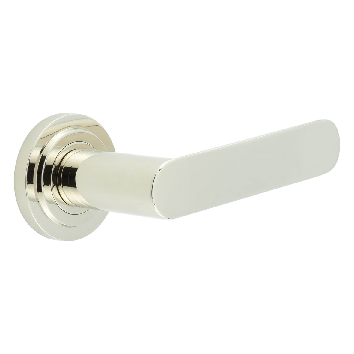 Polished Nickel Fire Rated Door Handles on Round Stepped Rose - Kensington Range