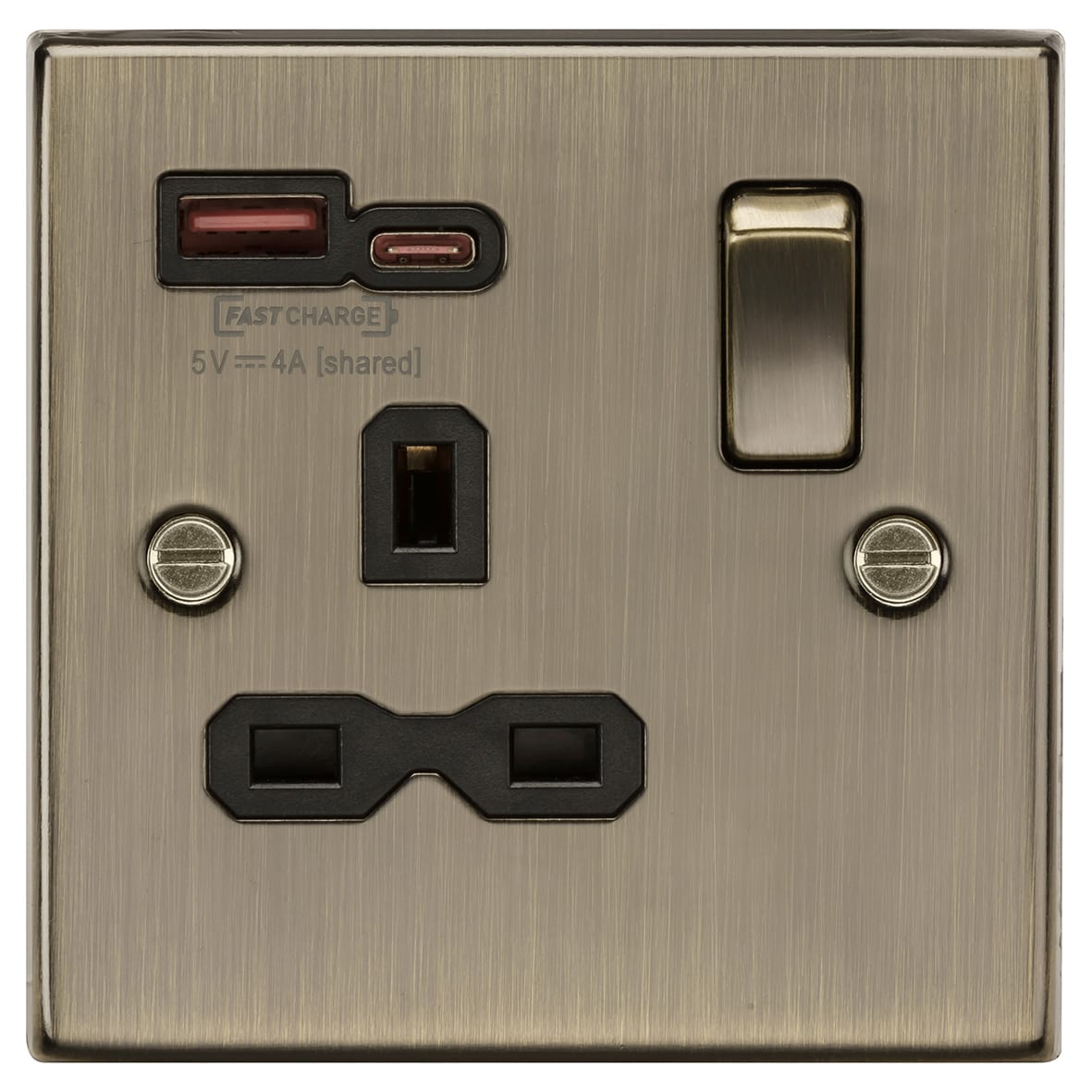 13A 1 Gang Square Edge Type A/C 18W USB Socket with 2 x USB - 1.5A - Antique Brass/Blk