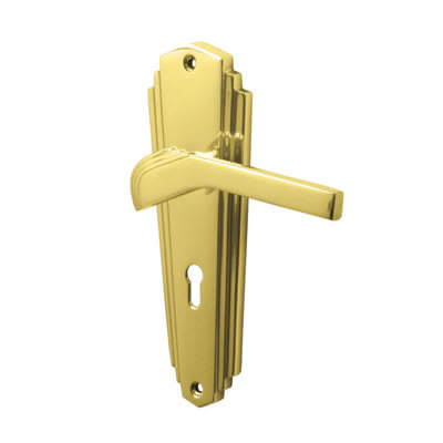 Marcus Polished Brass Art Deco Keyhole Lock Door Handles - Waldorf Range - 203 x 66mm