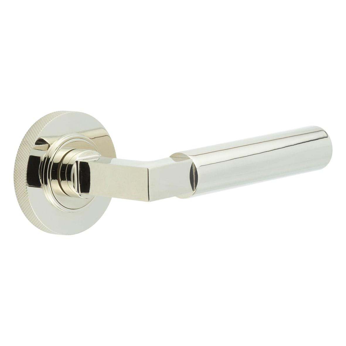 Polished Nickel Fire Rated Door Handles on Round Knurled Rose - Westminster Range