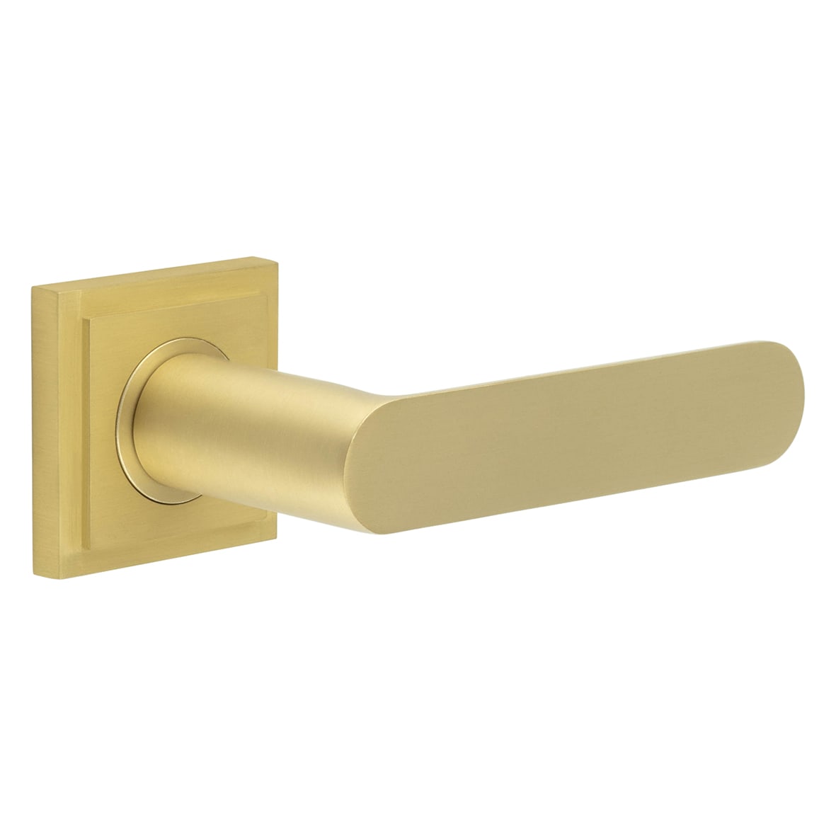 Satin Brass Fire Rated Door Handles on Square Stepped Rose - Kensington Range